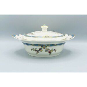 Royal Ivory KPM Chesly Serving Dish with Lid Blue Floral Gold Trim Czech Germany